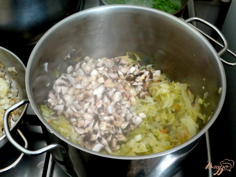 Фото приготовление рецепта: Молодая капуста с грибами и укропом шаг №8