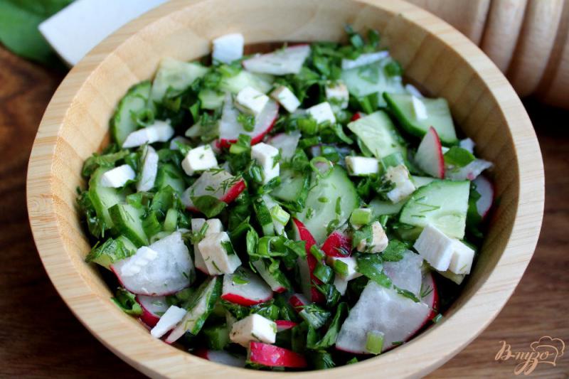 Фото приготовление рецепта: Салат с редисом огурцом и брынзой шаг №6