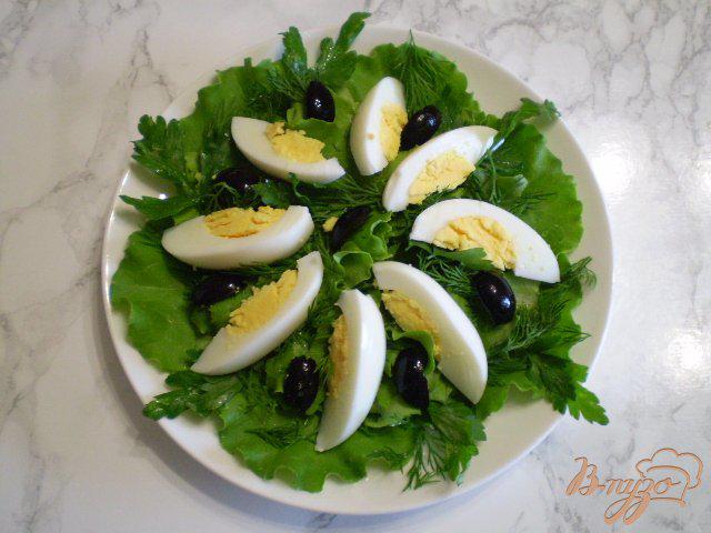 Фото приготовление рецепта: Салат с яйцом, листьями салата, маслинами и базиликом шаг №5