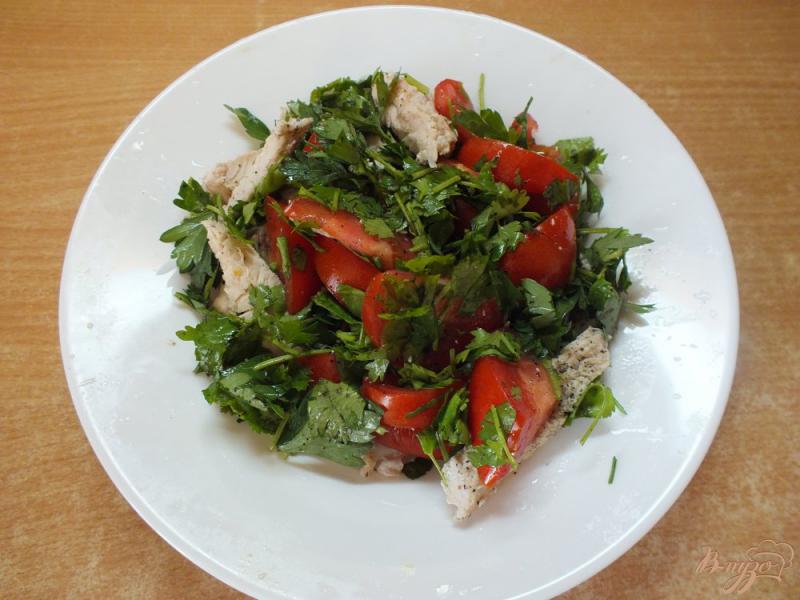 Фото приготовление рецепта: Мясной салат с кинзой и помидорами шаг №7