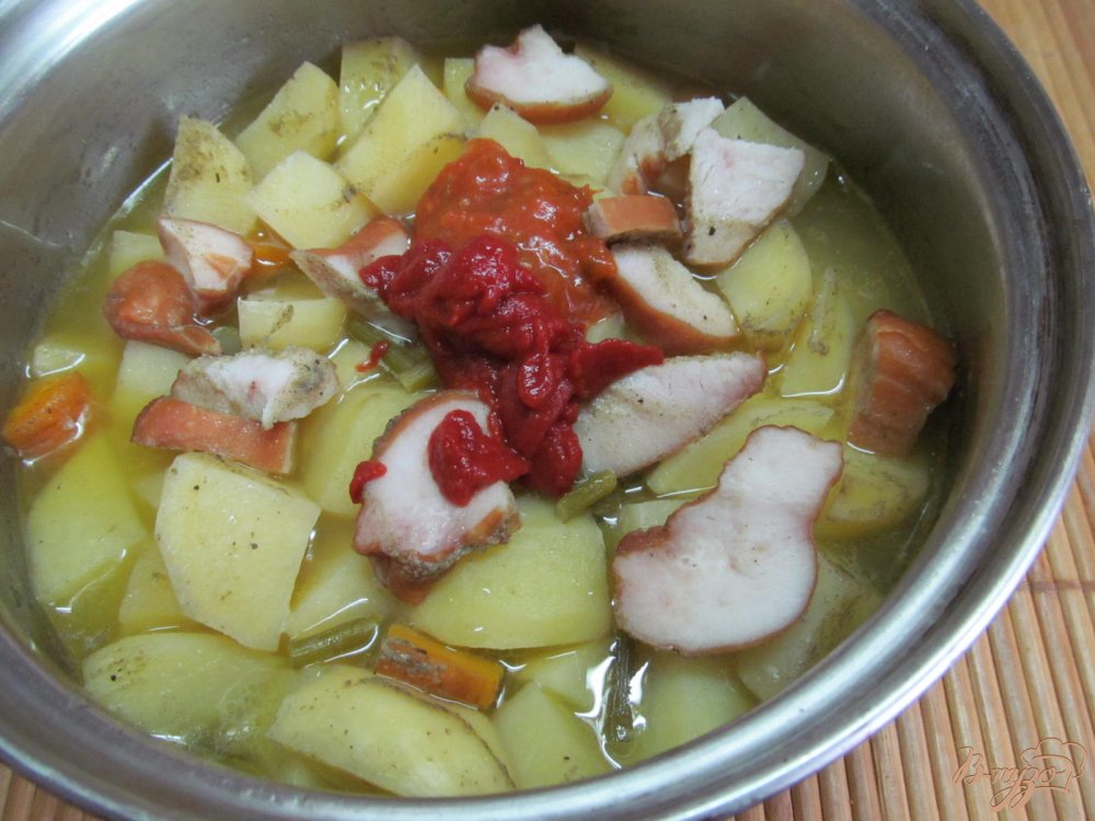 Тушеный картофель с копченой курицей Тушеный картофель с копченой курицей